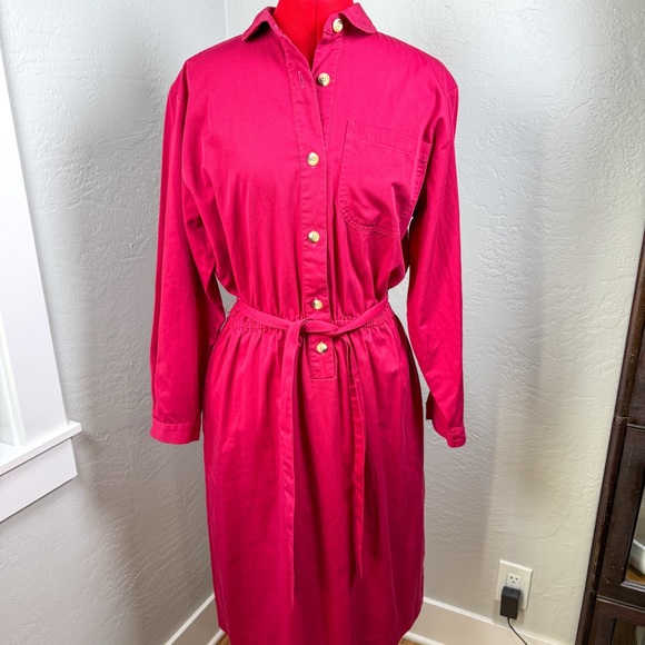 Lands' End Dresses & Skirts - Vintage Lands’ End Burgundy Button Shirt Dress Belted Size 14